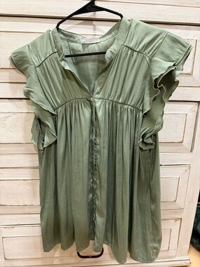 Women's Sage Green Ruffle Sleeve Button-Front Blouse Anniewear